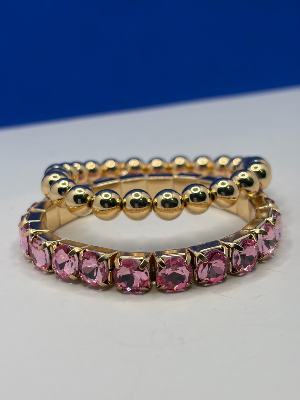 Pink Rhinestone & Gold Beaded Stretch Bracelet Set – 2 Piece